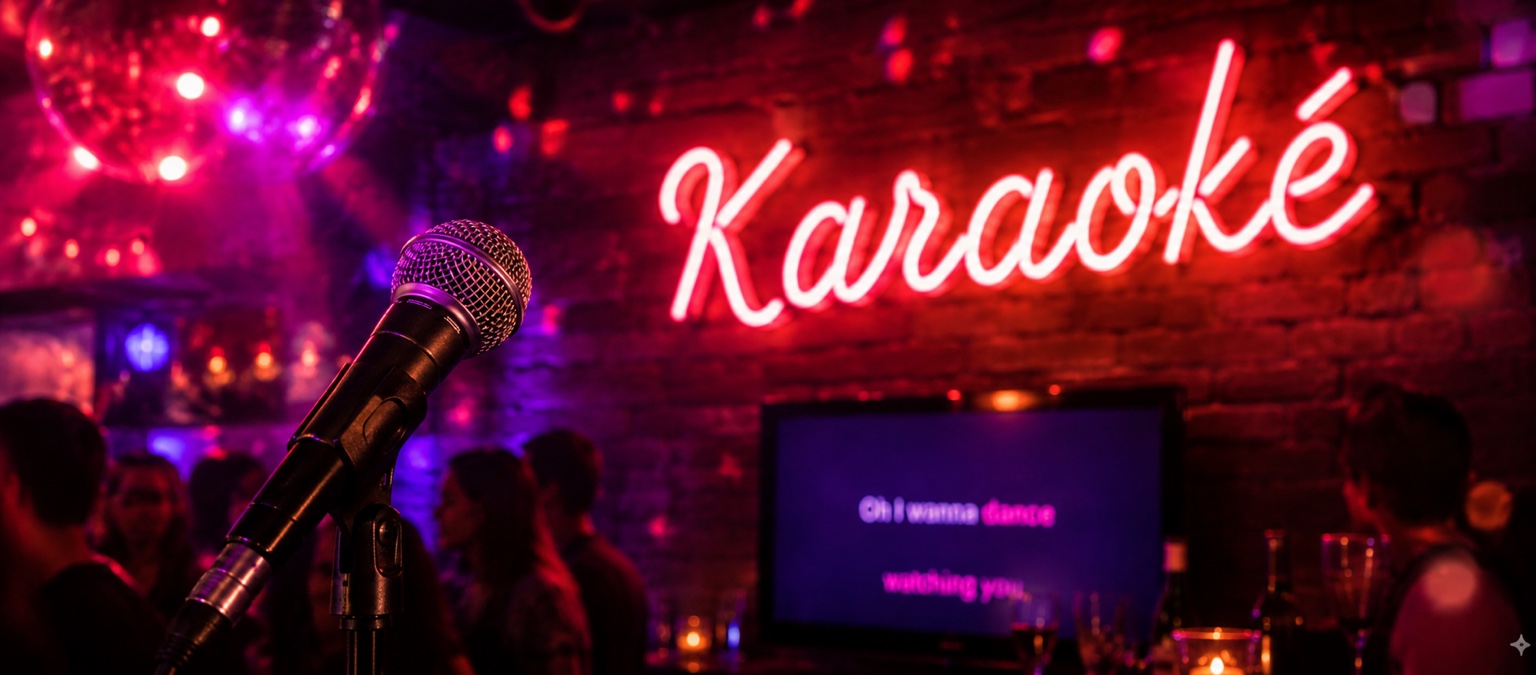 Soirée karaoké avec micro et enseigne lumineuse